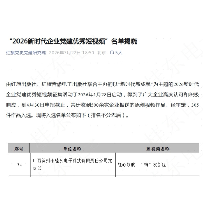 桂东电子党支部短视频成功入选“2026新时代企业党建优秀短视频” 